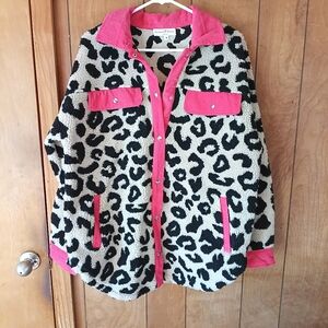Leopard Sherpa Shacket with Pink Trim